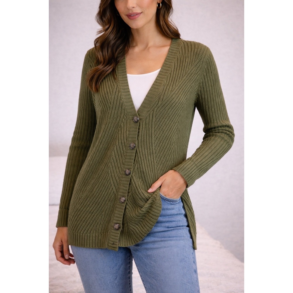 Cabi Womens Olive Green Ribbed Longline Button Front V-Neck Cardigan Sweater S